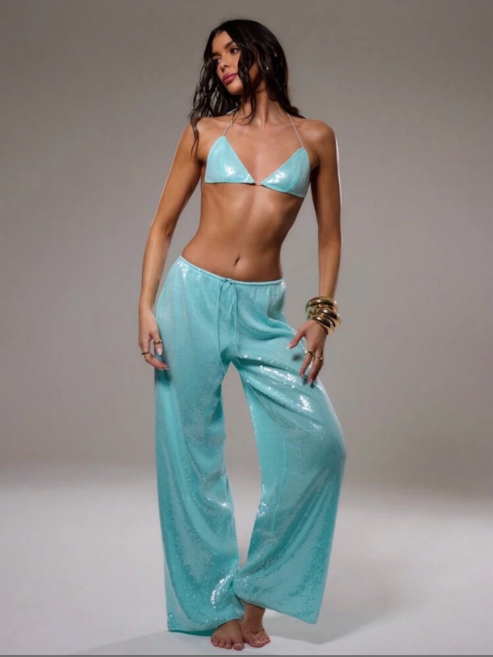 Women’s Aqua Sequin Drawstring Blue Wide Leg Vacation Lounge Pants